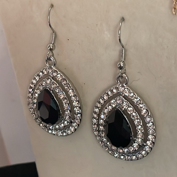 2” silver plated tear drop shaped drop earrings w/50 prong set crystals - Picture 6 of 16